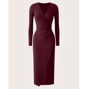 OGL Midi Dress Surplice Wrap MaxWarm Thermal Long Sleeve Maroon Size Small NEW